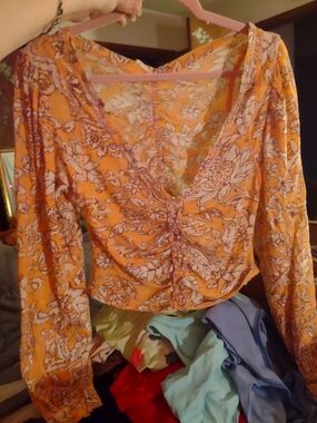 Free People Orange Floral Ruched V-Neck Crop Top